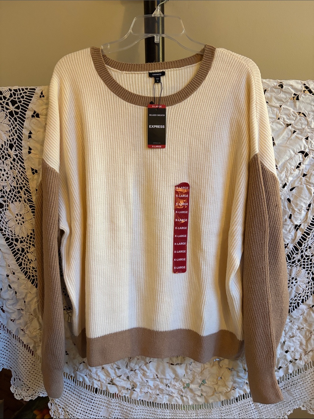 Express Two-Tone Cream and Brown Ribbed Crewneck Sweater NWT Size XL
